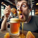 DALL·E 2023-12-24 13.23.59 - A whimsical and surreal scene where honey is flowing out of a person nose while they are drinking beer. The person is seated at a wooden table with .png
